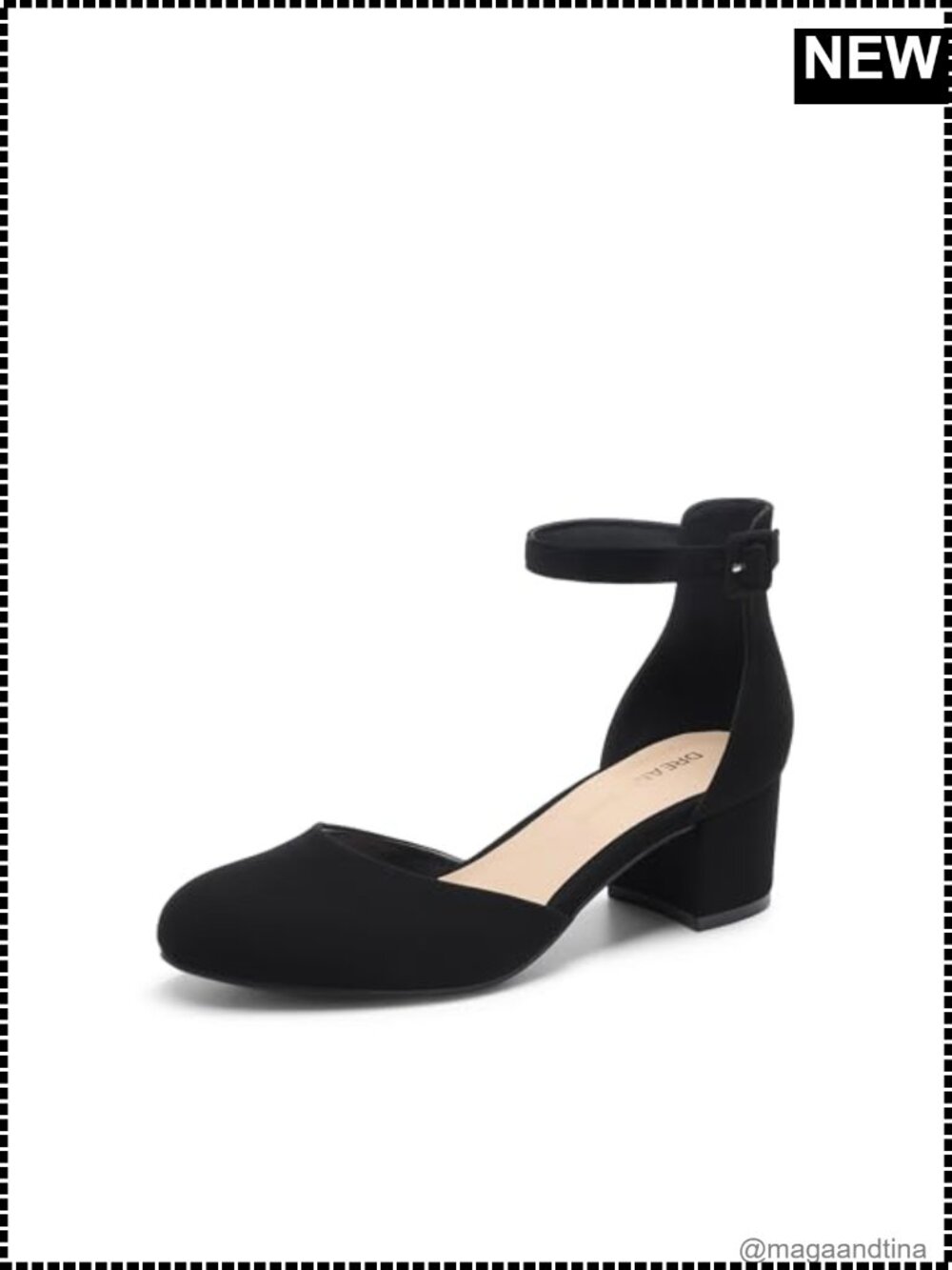 Women's Faux Leather Round Toe Low Block Heel Ankle Strap Pumps
